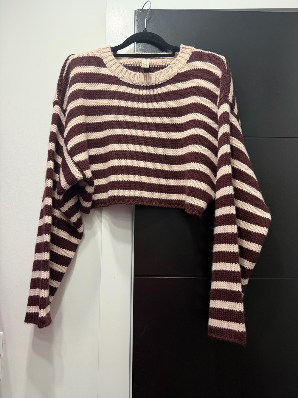 Striped Cropped Knit Sweater in Cream and Deep Maroon